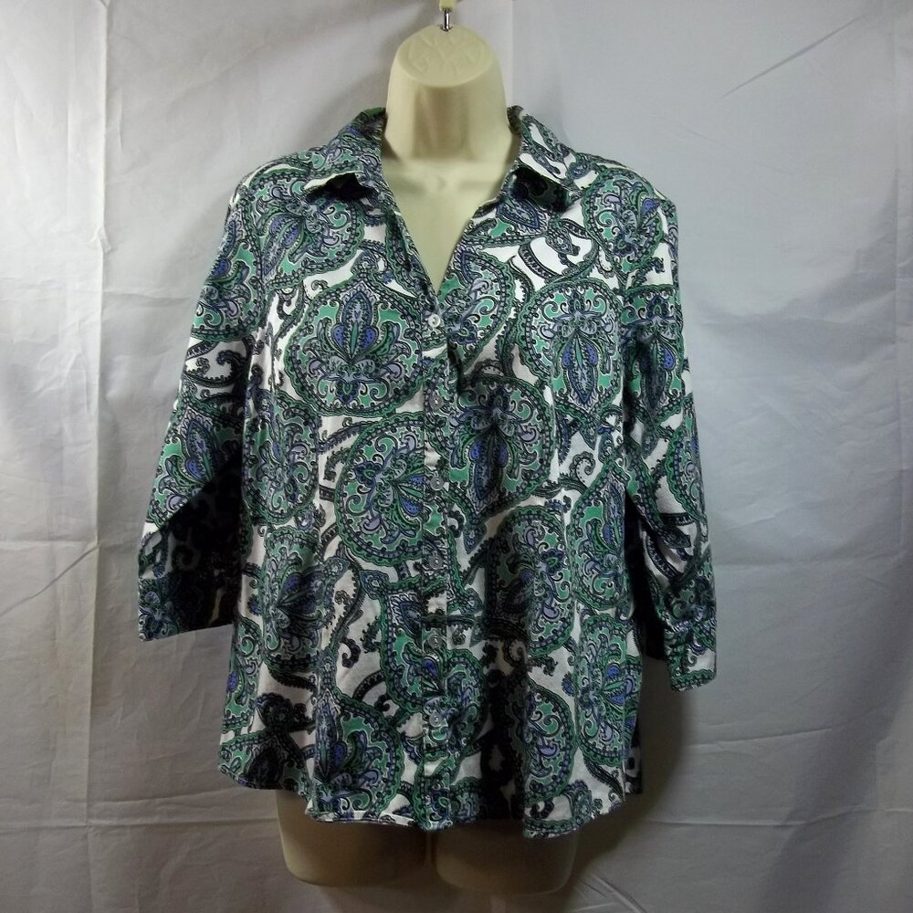 212 Collection Womens Blouse Size Large Button Down Paisley V-Neck Green Blue